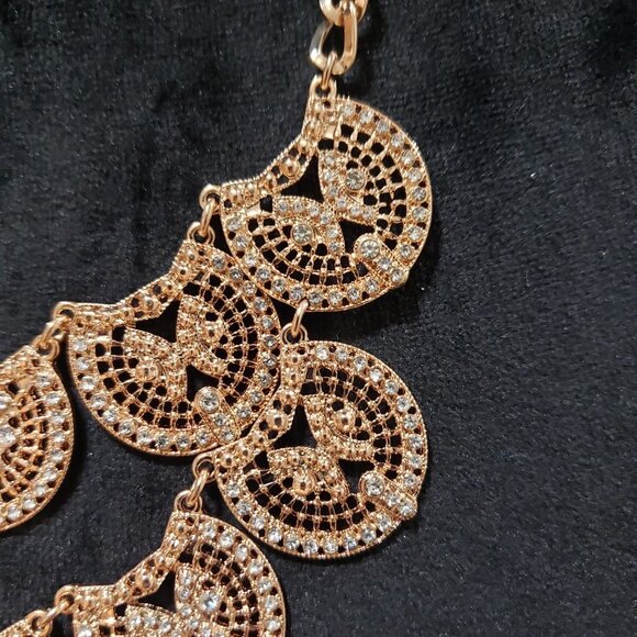 INC Women's Gold Tone Rhinestone Statement Dangle Bib Necklace - Picture 2 of 7